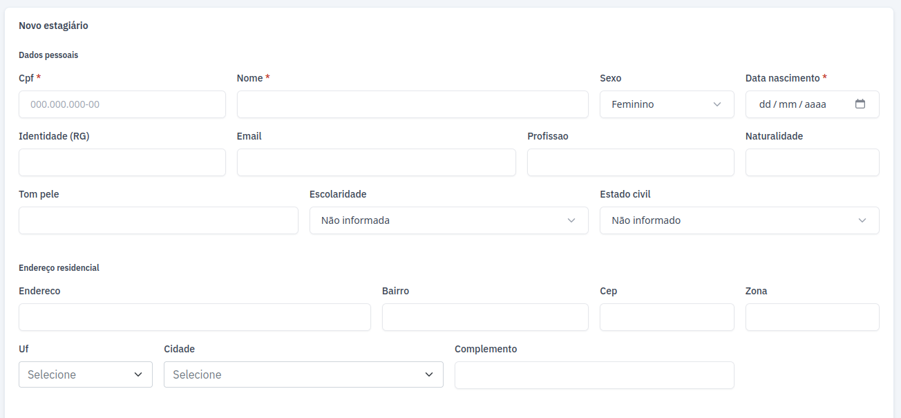 Dados pessoais e endereço do estagiário