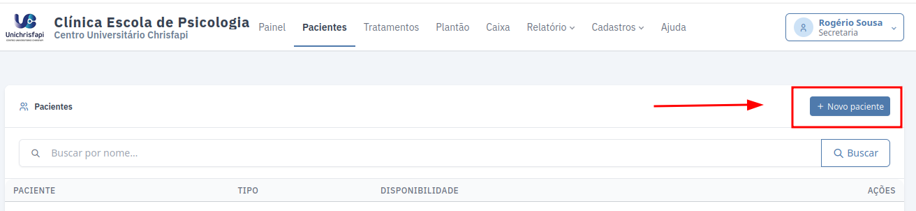 Botão Novo paciente